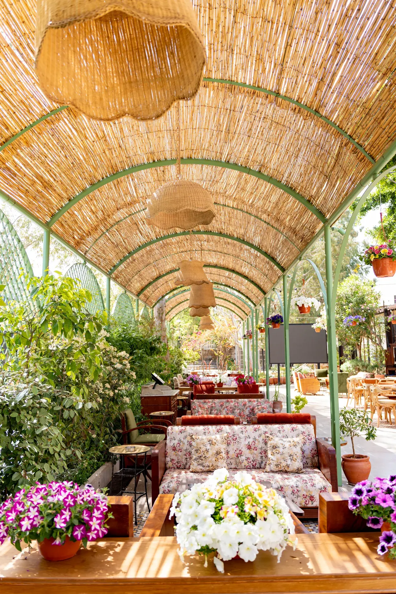 The reed-roofed pergola walk with hanging baskets and flowers, Al Falamanki Antelias