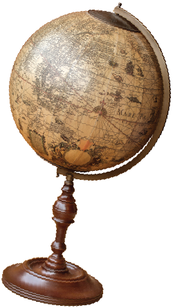 An antique standing globe on a turned wooden base